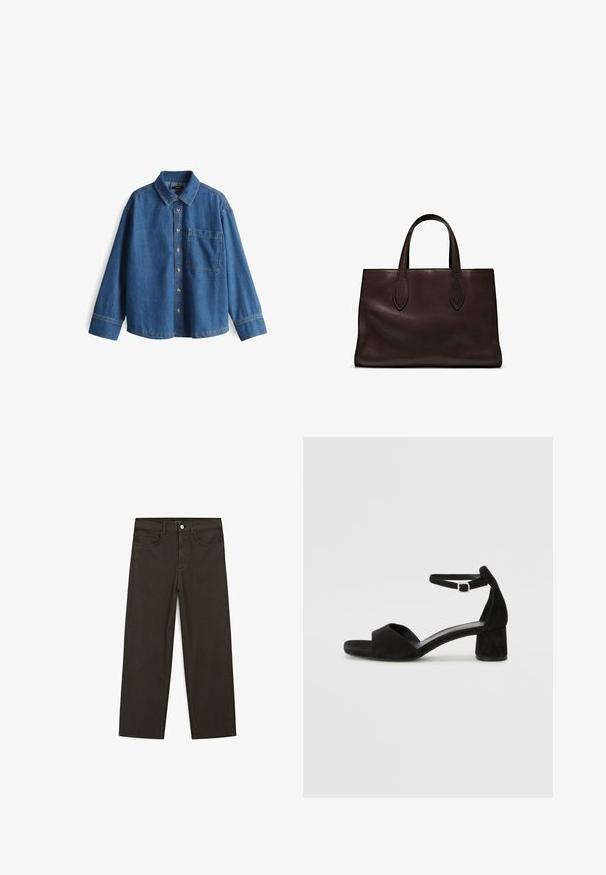 Camicia in denim, azzurro chiaro, maniche lunghe, chiusura a bottoni frontale, colletto, taschino singolo sul petto, cuciture a contrasto e vestibilità rilassata.; Jeans a gamba larga di colore verde scuro, realizzati in tessuto misto cotone, dotati di chiusura con bottone frontale, cinque tasche e cuciture classiche in denim.; Sandali con tacco in suede nero, con una sottile fascia alla caviglia, design open toe e un discreto tacco a blocco. Texture liscia e decorazioni minime.; Borsa a spalla in pelle marrone con due manici lunghi, forma rettangolare strutturata, texture liscia e dettagli di cucitura sottili.