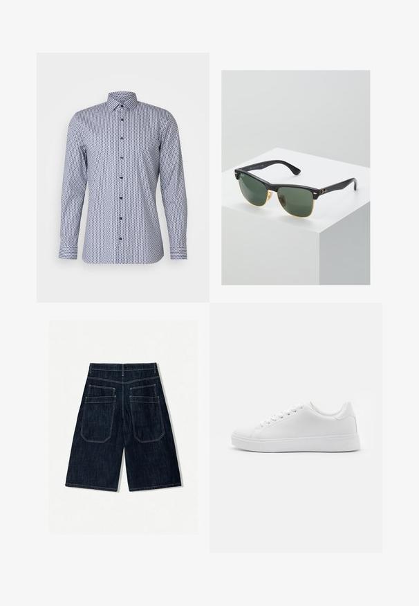 OLYMP No. Six - Koszula; Biały bawełniany top na ramiączkach z okrągłym dekoltem, szerokimi ramiączkami i prostym dołem, charakteryzujący się gładką teksturą i brakiem widocznych wzorów.; Granatowe szorty dżinsowe o luźnym kroju, z dwoma tylnymi kieszeniami, kontrastowym przeszyciem i prostym krojem nogawki.; Białe trampki z gładką syntetyczną cholewką, okrągłym noskiem, sześcioma oczkami na sznurowadła i niskoprofilową gumową podeszwą z fakturowanymi detalami.; Okulary przeciwsłoneczne Ray-Ban z zielonymi soczewkami, czarnymi plastikowymi oprawkami i złotymi akcentami na krawędziach. Kwadratowy kształt z matowym wykończeniem.