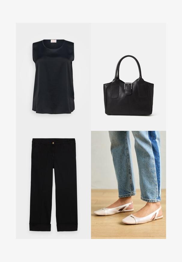 Melnas bez piedurknēm topiņš gludā audumā, ar noapaļotu kakla izgriezumu un brīvu piegriezumu ar sānu ventilācijas atverēm gaisa caurlaidībai un ērtai kustībai.; Melnas kokvilnas bikses ar taisnu kāju griezumu, aprīkotas ar priekšējām kabatām, zelta pogas aizdari un rullētām piedurknēm. Gluda tekstūra.; Bālti rozā siksniņu dzīvokļi ar smailu purngalu, izgatavoti no gludas ādas līdzīgās materiāla. Iezīmē izgriezumu detaļas sānos un platu papēdi.; Melnas ādas somiņa ar gludu tekstūru, strukturētu formu, divām rokturām un izteiktu sudraba sprādzi priekšpusē.