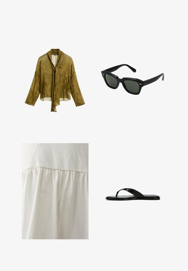 Durchsichtige olivgrüne Bluse mit Schlangenmuster, gekennzeichnet durch einen gebundenen Ausschnitt, lange Ärmel und einen cropped Schnitt.; THE FATED PARLOUR - Minirock - ivory; Schwarze Lederflip-Flops mit einem schmalen Riemendesign, flacher Sohle und glatter Textur. Minimalistischer Stil ohne Verzierungen oder Muster.; Schwarze quadratische Sonnenbrillen mit dunkelgrünen Gläsern, ausgestattet mit markanten Rahmen und silbernen Akzenten an den Seiten. Hergestellt in Italien.
