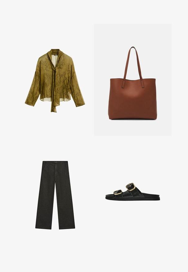 Durchsichtige olivgrüne Bluse mit Schlangenmuster, gekennzeichnet durch einen gebundenen Ausschnitt, lange Ärmel und einen cropped Schnitt.; Schwarz-weiße, weit geschnittene Jeans mit mittelhohem Bund, zwei Vorderentaschen und einem klaren, minimalistischen Design ohne sichtbare Verzierungen.; Schwarze Riemensandale mit zwei goldenen Schnallendetails, glattem Material, flachem Sohlen und minimalistischer Gestaltung.; Braune Leder-Tote mit glatter Textur, offenem Oberteil und zwei Schulterriemen. Verfügt über minimale Nähte und keine sichtbaren Beschläge.