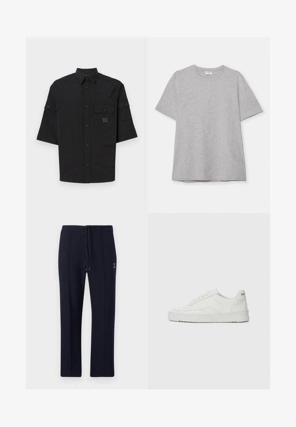 Czarna koszula krótki rękaw z lekkiego materiału. Posiada kołnierzyk zapinany na guziki, dwie przednie kieszenie oraz małą łatkę z logo.; Szary krótki rękaw T-shirt wykonany z miękkiego, fakturowanego materiału. Posiada klasyczny okrągły dekolt i prosty dół, idealny do noszenia na co dzień.; Granatowe spodnie o luźnym kroju, z wiązaniem w talii i bocznymi kieszeniami. Gładki materiał z delikatnymi fałdami z przodu i detalem z logo.; Białe skórzane sneakersy o gładkim wykończeniu, okrągłym nosku, płaskich sznurówkach i teksturowanej podeszwie. Charakteryzują się delikatnym logo na pięcie.