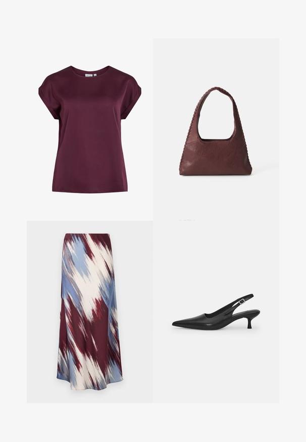 Bordový krátky rukáv top s okrúhlym výstrihom, vyrobený z hladkej, ľahkej látky, s voľným strihom a jednoduchým dizajnom.; Dlhá sukňa s diagonálnym vzorom tie-dye v burgundskej, modrej a krémovej farbe, vyrobená z jemnej látky s splývavým strihom a jemným leskom.; Čierne kožené sandále s úzkym špičatým prstom a štíhlym zakriveným podpätkom. Majú diskrétny nastaviteľný popruh s kovovou sponou.; Burgundská kožená kabelka trojuholníkového tvaru, s otvoreným vrchom a vrúbkovaným detailom na rukoväti. Hladký povrch s matným finišom.