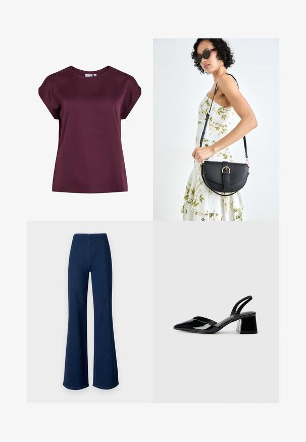 Burgunderfarbenes T-Shirt mit kurzen Ärmeln und rundem Ausschnitt, aus glattem, leichtem Stoff gefertigt, mit lockerem Schnitt und schlichten Design.; Dunkelblaue, aus Denim gefertigte Schlagjeans mit elastischem Bund. Sie zeichnen sich durch eine glatte Textur und ein weites Beindesign bis zum Saum aus.; Schwarze Lackleder-Slingback-High Heels mit spitzem Schuh und einem geometrischen Blockabsatz. Verfügt über ein schlankes, minimalistisches Design und eine glatte Textur.; Schwarze Lederhandtasche mit geschwungener Form, abnehmbarem Tragegurt und goldenen Beschlägen. Die Tasche verfügt über einen Deckel mit einer Schnallen-Details.