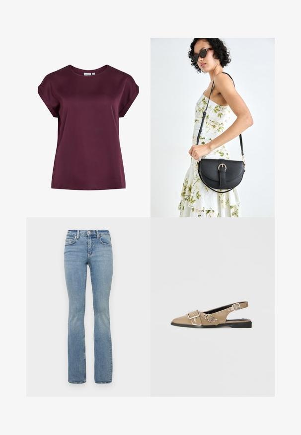 Burgunderfarbenes T-Shirt mit kurzen Ärmeln und rundem Ausschnitt, aus glattem, leichtem Stoff gefertigt, mit lockerem Schnitt und schlichten Design.; Helle blaue Denim-Jeans im Schlagstil mit mittlerer Taille, fünf Taschen, Gürtelschlaufen und subtiler Auswaschung an den Oberschenkeln.; Beige patentierte Slingback-Schuhe mit spitzem Zehenbereich, zwei verstellbaren Schnallen und einem niedrigen schwarzen Absatz. Glatte Textur mit glänzender Oberfläche.; Schwarze Lederhandtasche mit geschwungener Form, abnehmbarem Tragegurt und goldenen Beschlägen. Die Tasche verfügt über einen Deckel mit einer Schnallen-Details.