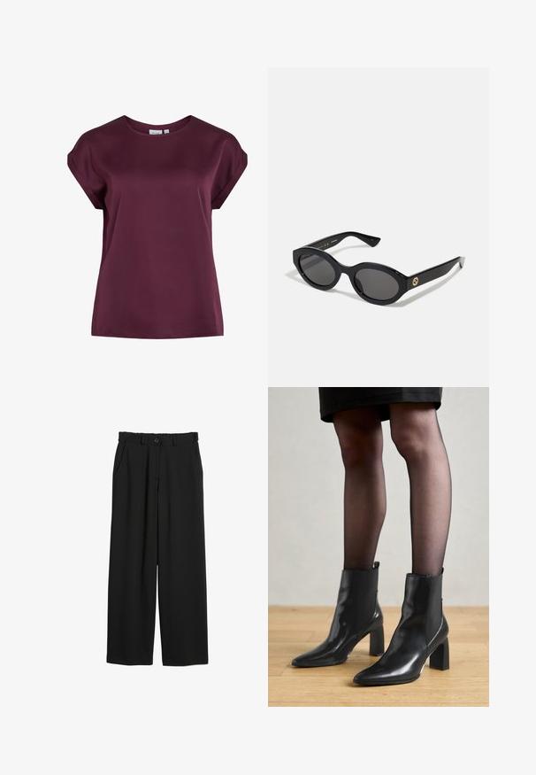 Bordeaux kortærmet top med rund halsudskæring, lavet af glat, let stof, som har en løs pasform og et enkelt design.; Sorte brede bukser lavet af glat stof, med elastisk talje, frontlommer og knaplukning i taljen.; Sorte læderankelstøvler med spids tå, kraftig firkantet hæl og slankt design. Har elastiske sidepaneler for nem påtagning.; Sorte ovale solbriller med mørke linser og blank plastramme. Har et guldlogo på stykket, hvilket giver et slankt og moderne design.; Guld kegleformede ørestikker med en poleret finish og lille stift. Har en glat tekstur og reflekterende overflade.