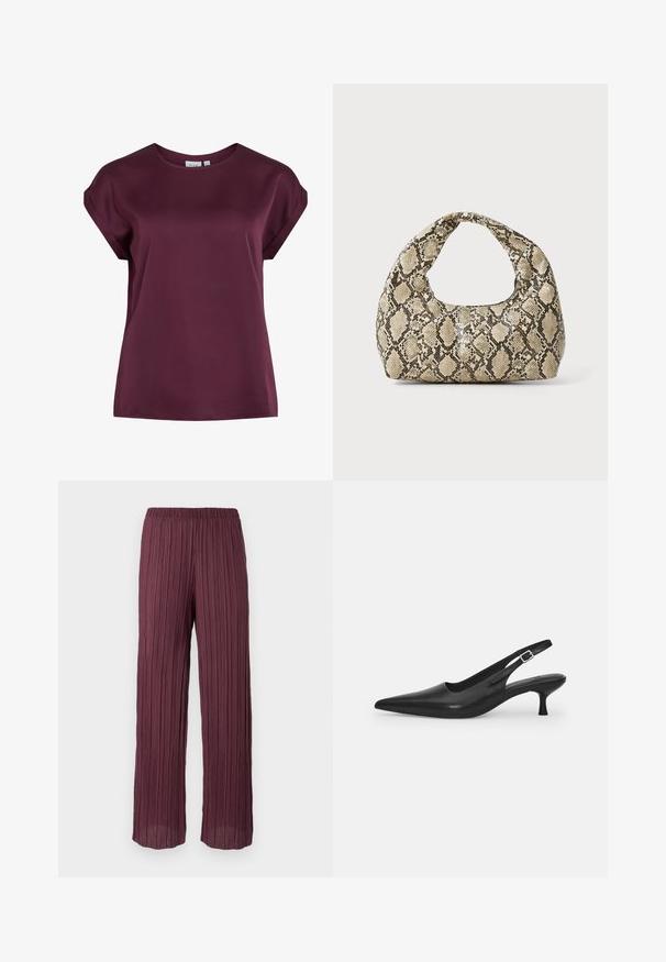 Burgundi színű, rövid ujjú felső, kerek nyakkivágással, sima, könnyű anyagból készült, laza szabású és egyszerű dizájnnal rendelkezik.; Sötét bordó pliszírozott nadrág, rugalmas derékpánttal, amely áramló, széles szárú kialakítással és függőleges pliszékkal rendelkezik.; Fekete bőr szandálcipő hegyes orral és karcsú, ívelt sarokkal. Diszkrét, állítható pánttal rendelkezik, fém csattal.; Kígyómintás kézitáska ívelt fogantyúval. Texturált, bézs és barna anyagból készült, jellegzetes gyémántmintával.