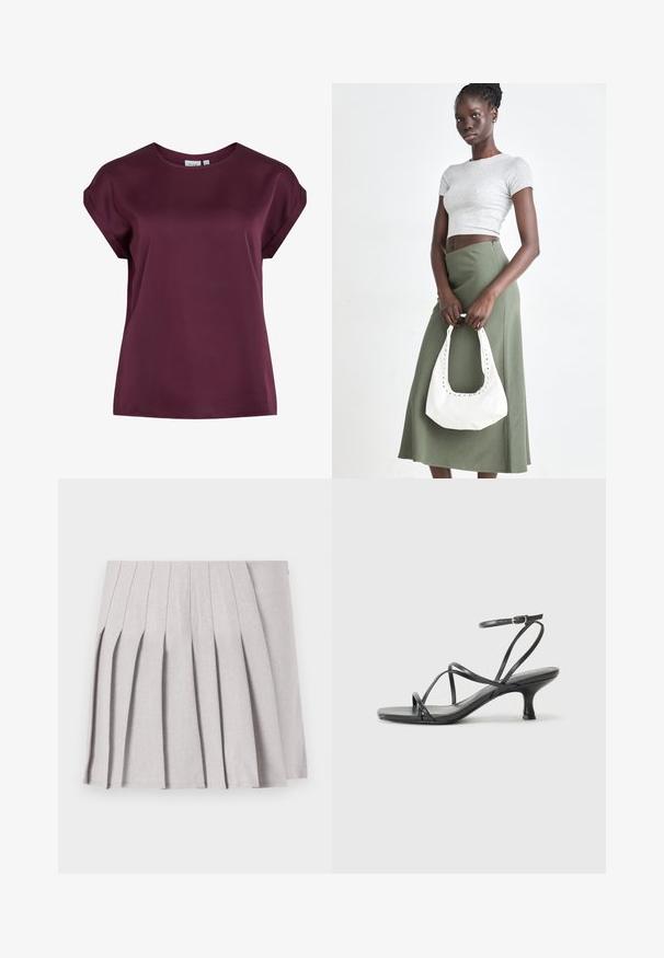Bordeaux kortærmet top med rund halsudskæring, lavet af glat, let stof, som har en løs pasform og et enkelt design.; Grå plisseret nederdel med en glat tekstur, der har flere lodrette folder og en tætsiddende talje. Fremstillet af letvægtsstof.; Sorte hælede sandaler med tynde stropper, åbent tådesign og en lille, flared hæl. Materialet ser glat og blankt ud.; Grå ribbet crop top og olivengrøn højhøjdet nederdel. Modellen holder en hvid skuldertaske med udskæringsdetaljer. Enkel design, tætsiddende silhuet.