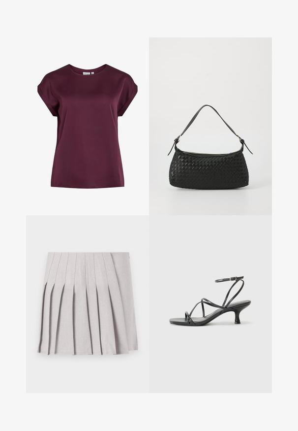 Top bordeaux de manga curta com decote redondo, feito de um tecido suave e leve, apresentando um corte solto e um design simples.; Saia cinza plissada com uma textura suave, apresentando múltiplos pregas verticais e uma cintura ajustada. Feita de tecido leve.; Sandálias pretas de salto alto com tiras finas, design aberto na ponta e um pequeno salto largo. O material parece suave e brilhante.; Bolsa de ombro preta entrelaçada com alça de couro lisa e fecho com zíper. Apresenta uma superfície texturizada e forma curvada.