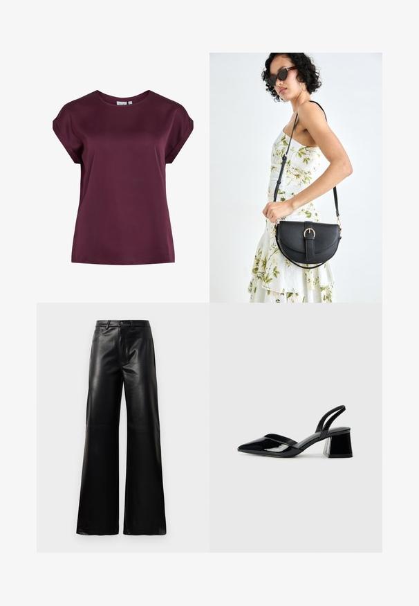 Vynio trumpomis rankovėmis viršus bordo spalvos, su apvalia iškirpte, pagamintas iš glotnaus, lengvo audinio, pasižymintis laisvu siluetu ir paprastu dizainu.; Juodos aukšto juosmens plačios kojų dirbtinės odos kelnės su priekiniais mygtukais, užtrauktuku, diržo kilpomis ir šoninėmis kišenėmis ant balto fono.; Juodos lakuotos odinės šlepetės su smailiu pirštu ir geometriniu bloko kulnu. Turi elegantišką, minimalistinį dizainą ir lygų paviršių.; Juodas odinis krepšys su išlenkta forma, nuimamu dirželiu ir auksiniais detalėmis. Krepšys turi kilpą su sagtimi.