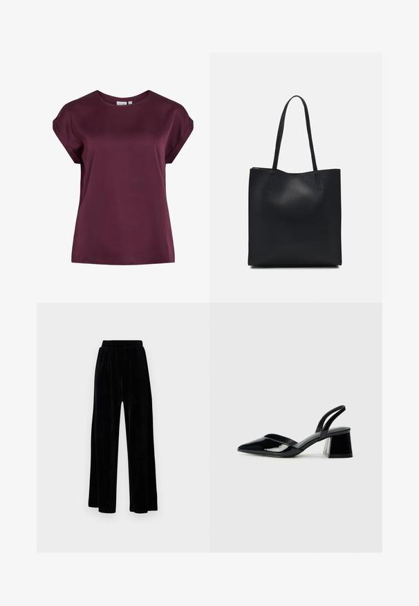 Burgunderfarget kortermet topp med rund hals, laget av glatt, lett stoff, med løs passform og enkelt design.; Sorte vide bukser laget av myk vernet, med elastisk midjebånd og en jevn tekstur, uten synlige detaljer eller mønstre.; Svarte patentlær slingback hæler med spiss tå og geometrisk blokk hæl. Har et stilrent, minimalistisk design og jevn tekstur.; Svart lær tote bag med glatt tekstur, rektangulær form og to lange håndtak. Ingen synlige deler eller dekorasjoner.