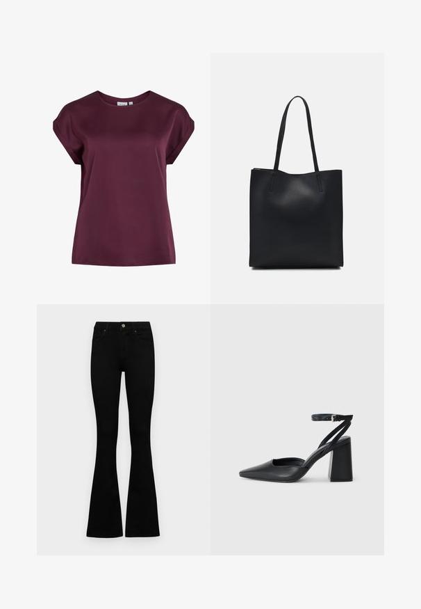 Burgundy short-sleeve top with a round neckline, made from smooth, lightweight fabric, featuring a loose fit and simple design.; Black high-waist jeans with a button and zip closure, front pockets, and flared legs laid flat on a white background.; Black leather pointy-toe pump with an ankle strap and a chunky heel. Flat texture, sleek design, and minimalistic aesthetics.; Black leather tote bag with smooth texture, rectangular shape, and two long handles. No visible hardware or embellishments.