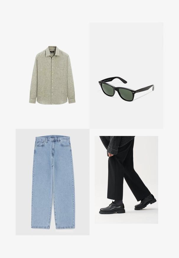 Lichtgroen overhemd met lange mouwen, gemaakt van een gewoven stof. Bevat een borstzak en een klassieke kraag met knoopsluiting.; Witte katoenen tanktop met een ronde halslijn, brede schouderbanden en een rechte zoom, met een gladde textuur en zonder zichtbare patronen.; Lichtblauwe denim jeans met een recht model, voorzien van een middelhoge taille, vijf zakken en een knoop- en ritssluiting.; Zwarte leren schoenen met een afgeronde neus, vetersluiting en een dikke, getextureerde zool. Draagt een gepaste zwarte broek en een geribbelde trui.; Zwarte plastic zonnebril met groene lenzen, vierkante montuur, zilveren accent op de wenkbrauw en een gestructureerde tempel. Merken vermeld op de binnenkant van de arm.