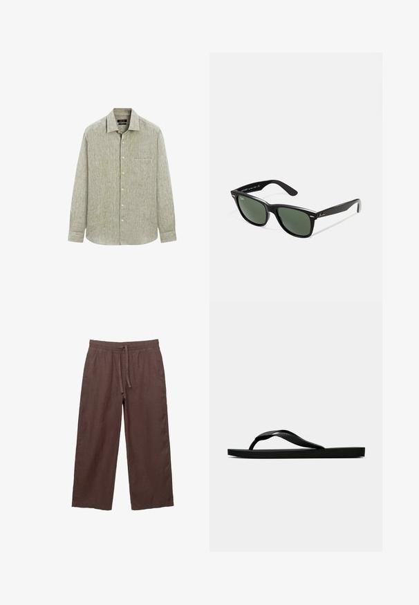 Lys grøn langærmet skjorte med knapper lavet af tekstureret stof. Har en brystlomme og en klassisk krave med knaplukning.; Brune linned bukser med bred benvidde og snor i taljen, der har to sidelommer og et let, tekstureret stof.; Sorte gummiflip-flopsandaler med en tekstureret rem og simpel flad sål, vist fra siden på en lys ensfarvet baggrund.; Sorte plastiksolkaber med grønne linser, firkantede stel, sølvaccent på brynene og teksturerede templede arme. Angivet mærke på den indre arm.