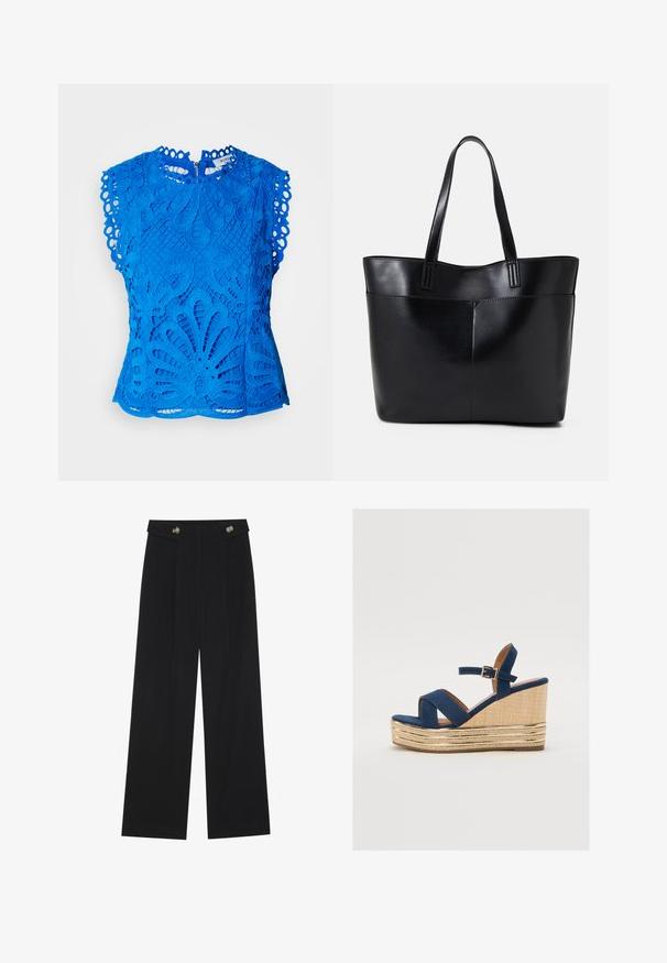 Haut en dentelle bleue avec des motifs floraux découpés, des manches à volants et un col montant. Détail de fermeture à glissière au dos.; Pantalons larges noirs à taille haute, avec des détails de boutons à la taille et des plis sur le devant.; Sandale compensée bleu marine avec des brides croisées, une plateforme en fibre naturelle texturée, et un accent métallique doré à la base.; Sac fourre-tout en cuir noir avec deux longues poignées, une texture lisse et une forme structurée. Dispose d'une poche avant pour un rangement supplémentaire.