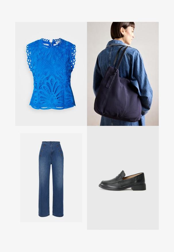 Top in pizzo blu con motivi floreali intagliati, maniche scallop e un design a collo alto. Dettaglio con zip sul retro per la chiusura.; Jeans in denim a vita alta di un blu medio. Presentano dettagli con bottoni frontali e un design a gamba ampia. Il tessuto ha una texture liscia con un leggero sbiadimento.; Mocassino in pelle nera con tacco basso, caratterizzato da un design cucito e stile slip-on, posizionato su uno sfondo bianco uniforme.; Borsa a spalla in tela blu navy con una forma morbida e strutturata, dotata di una tracolla nera, dettagli cuciti e una piccola etichetta del marchio.
