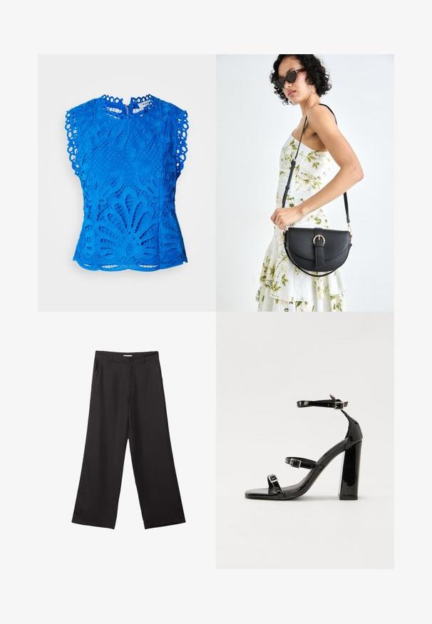 Plava čipkasta majica s cvjetnim izrezanim uzorcima, valovitim rukavima i visokim ovratnikom. Zatvarač na leđima za zatvaranje.; Crne hlače širokog kroja izrađene od glatkog materijala, s prednjim patentnim zatvaračem i dva bočna džepa, s prilagođenim fitom i minimalističkim dizajnom.; Crne lakirane sandale na pete sa kvadratnim nosom, trakama oko gležnja i srebrnim kopčama. Imaju čvrst blok petu za stabilnost.; Crna kožna torba s lukovitim oblikom, odvojivim remenom i zlatnim detaljima. Torba ima preklop s kopčom.