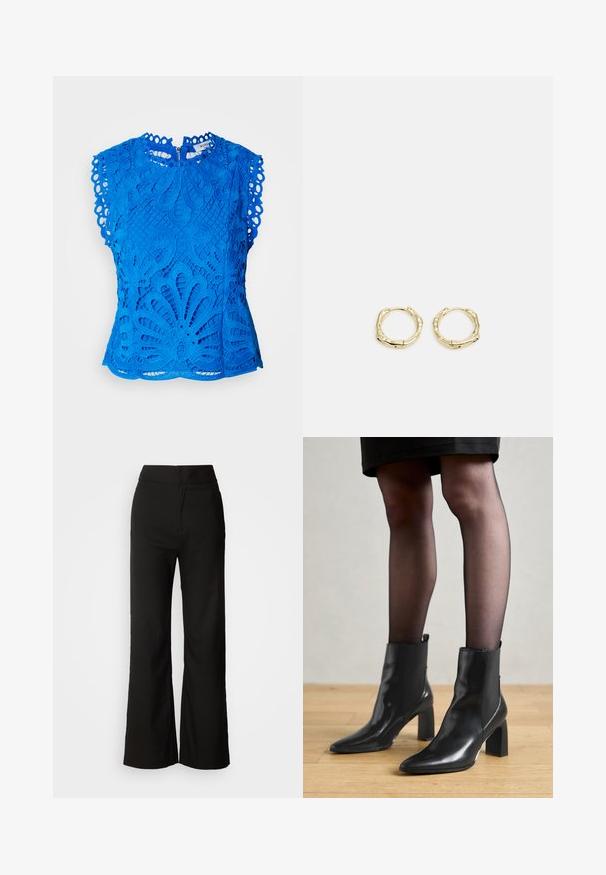 Sinine pitsiline topp, millel on lillemustriga lõiked, lainelised varrukad ja kõrge kaelus. Tagaküljel lukuga kinnitamine.; Mustad laiad püksid sujuva tekstuuriga, kõrge vöökoht ja puhas disain. Ei ole nähtavaid taskuid ega dekoreerimist.; Mustad mustad jalanõud terava ninaga, paksu ruudukujulise kontsaga ja saleda disainiga. Omavad elastseid külgpaneele mugavaks selga tõmbamiseks.; Kuldsete rõngaskõrvarõngaste tekstuuriga, ebakorrapärane kuju. Omab sujuvat lukustust ja poleeritud pinnatöötlust, rõhutades kaasaegset disaini.