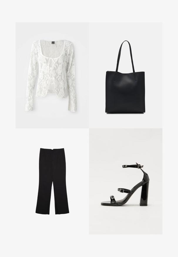 Cardigan bianco in pizzo con maniche lunghe, scollatura a barca e chiusura a fiocco. Motivo floreale con una trama trasparente e orlo curvo.; Pantaloni neri a gamba dritta, con tasche frontali e spacchi laterali all'orlo. Realizzati in tessuto morbido e liscio. Adatti a diverse occasioni.; Sandali con tacco in vernice nera, con punta squadrata, cinturini alla caviglia e fibbie in argento. Presentano un tacco a blocco spesso per maggiore stabilità.; Borsa tote in pelle nera con texture liscia, forma rettangolare e due manici lunghi. Nessun hardware o decorazione visibile.