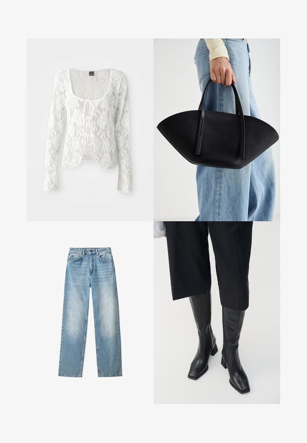 Balts mežģīņu kardigans ar garām piedurknēm, aroda kakla izgriezumu un sasaistes aizdari priekšā. Ziedu raksts ar caurspīdīgu tekstūru un izliekta apakšmala.; Gaiši zili džinsi ar taisnām kājām, augstu jostasvietu, piecām kabatām un vieglām izbalēšanas detaļām. Klasiska metāla pogas un rāvējslēdzēja aizdare.; Melni ādas zābaki līdz ceļiem ar kvadrātu purngalu un bloku papēdi. Iekļauj sānu rāvējslēdzēju un gludu tekstūru.; Melnas ādas rokassoma ar unikālu ventilatora formu, aprīkota ar plakaniem rokturiem. Virsma ir ar graudainu faktūru un minimālistisku dizainu.