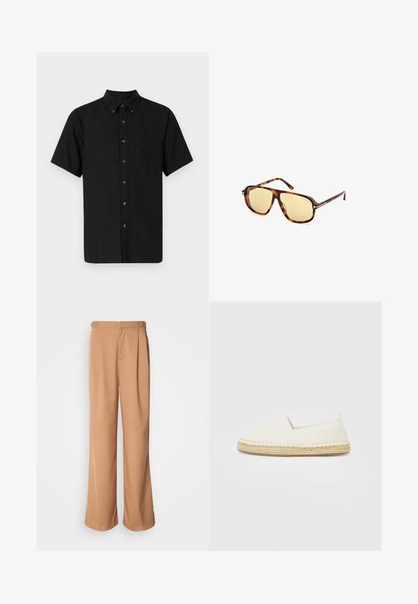 Black short-sleeve shirt with a button-down collar, made of textured fabric, featuring black buttons running down the front.; Cropped, wide-leg trousers made of smooth, beige fabric with front pleats and metal accents on the waistband.; White canvas espadrille shoe with a jute rope sole, rounded toe, and elastic sides for easy wear. Flat design, minimalist style.; Sunglasses with a tortoiseshell acetate frame, yellow tinted lenses, square shape, and metal accents on the temples.