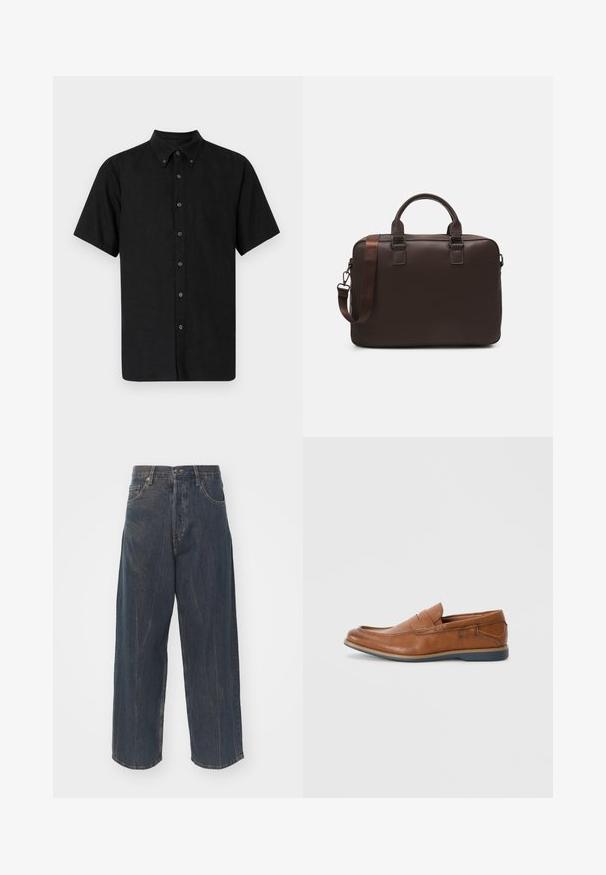 Črna srajca s kratkimi rokavi in ovratnikom z gumbi, izdelana iz teksturiranega blaga, z črnimi gumbi, ki tečejo navzdol po sprednji strani.; Široke temno modre jeans hlače iz denima z diskretnimi poškodovanji, petimi žepi ter klasično zaponko in zadrgo v pasu.; Rjavi usnjeni loafers s okroglo konico, šivi na površini in nizkim gumijastim podplatom. Oblikovanje vključuje pas čez zgornji del.; Rjava usnjena torba za prenosni računalnik z teksturirano površino, dvema zgornjima ročajema, nastavljivim trakom in dvema sprednjima sponkama za dodatne podrobnosti.