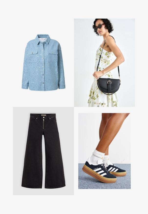 Camicia in denim azzurro chiaro con paillettes argentate, maniche lunghe, colletto, due tasche sul petto e chiusura a bottoni a pressione. Texture liscia e decorazioni dettagliate.; Jeans a gamba larga in denim nero con chiusura a zip, design a cinque tasche e dettagli di cucitura sottili. Texture morbida e stile casual.; Sneakers in pelle scamosciata nera con strisce e dettagli bianchi, punta arrotondata, suola in gomma color gomme, abbinate a calzini bianchi a coste alla caviglia.; Borsa a tracolla nera in pelle con una forma curva, manico rimovibile e accessori dorati. La borsa presenta una patta con un dettaglio a fibbia.