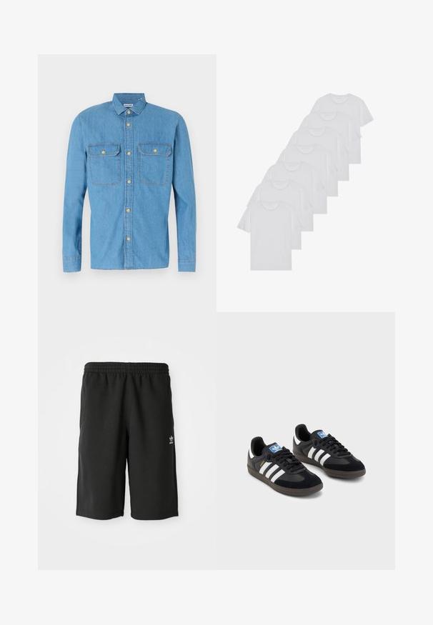 Jasnoniebieska koszula dżinsowa z długimi rękawami, zapinana na guziki z przodu, z dwiema kieszeniami na piersi, spiczastym kołnierzykiem i złotymi guzikami. Gładka tekstura, swobodny design.; Białe bawełniane koszulki, krótki rękaw, design z okrągłym dekoltem, gładka faktura, ułożone w rzędzie, z subtelnym logo przy dekolcie.; Czarne bawełniane szorty z elastycznym pasem, bocznymi szwami i małym białym logo na lewej nodze. Gładka tekstura, długość do kolan.; Czarne sneakersy z zamszową i syntetyczną cholewką, wyposażone w trzy białe paski, teksturowaną gumową podeszwę oraz niebieską metkę z logo na języku.