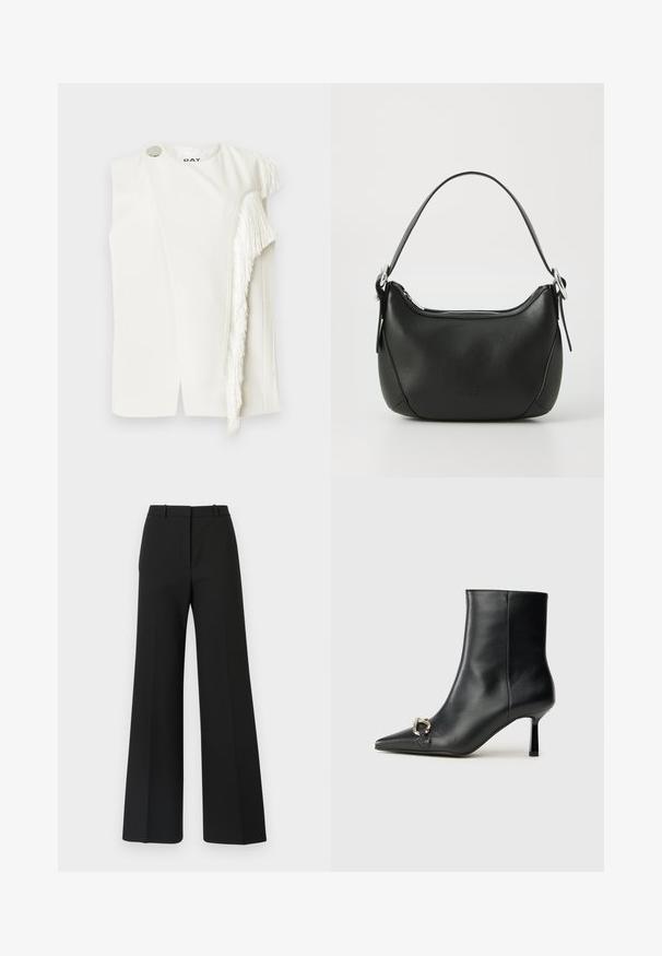 Balta be rankovių palaidinė, turinti frizūrą vienoje pusėje, aplink sidabro mygtuką šalia peties ir švarią, minimalistinę iškirpę.; Juodos plačių kojų kelnės su pritaikytu dizainu, pasižyminčios lygia tekstūra ir subtiliomis klostėmis priekyje. Nėra matomų detalių ar raštų.; Juodas odinis apavas iki kulkšnies su smailiu nosiu, plonu vidutinio aukščio kulnu ir sidabriniu sagties akcentu šone, prieš paprastą foną.; Juodas odinis rankinė su išlenkta forma, sidabro užtrauktuku ir trumpa rankena. Pirmoje pusėje yra subtilus logotipas ir glotni tekstūra.