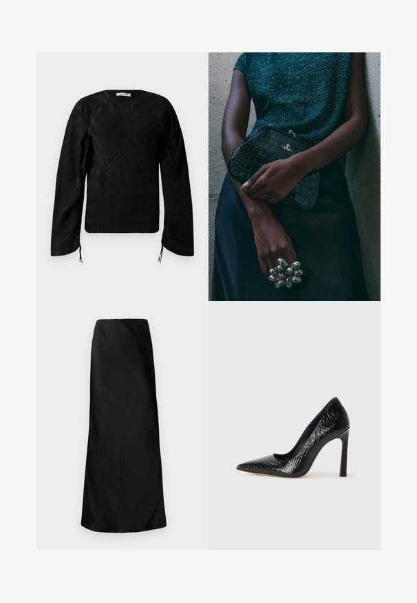 Maglia nera a maniche lunghe con una texture e sottili motivi ondulati, scollatura a girocollo, spalle leggermente a sbuffo e piccoli lacci alle estremità delle maniche.; Norma Kamali BIAS OBIE SKIRT - Gonna lunga - black; Scarpa nera con punta a punta alta in pelle di coccodrillo, caratterizzata da un design elegante, alto tacco a spillo e interno nero liscio.; Clutch bag nera con motivo coccodrillo e hardware argentato, appoggiata su uno sfondo grigio texture. Presenta una superficie lucida.