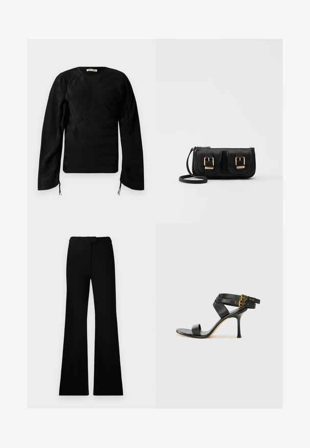 Maglia nera a maniche lunghe con una texture e sottili motivi ondulati, scollatura a girocollo, spalle leggermente a sbuffo e piccoli lacci alle estremità delle maniche.; Pantaloni neri svasati con una texture liscia, vita sagomata e tasche frontali, progettati con un profilo elegante e moderno.; Sandal nero con tacco a spillo, straps incrociati e fibbia regolabile. Presenta una texture liscia e un tacco affusolato.; Borsa a tracolla nera in pelle con due tasche frontali, fibbie dorate, chiusura con zip e una tracolla sottile. Superficie texturizzata e forma rettangolare compatta.