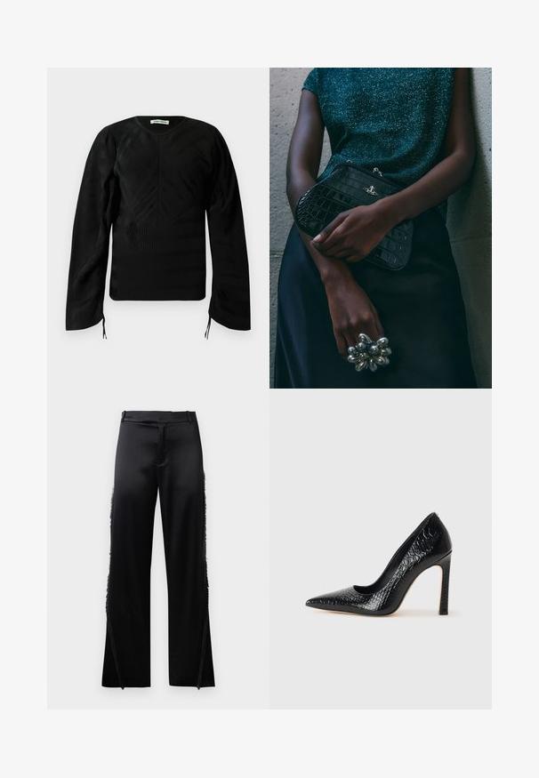Maglia nera a maniche lunghe con una texture e sottili motivi ondulati, scollatura a girocollo, spalle leggermente a sbuffo e piccoli lacci alle estremità delle maniche.; Pantaloni in satin nero con gambe larghe, caratterizzati da dettagli in frange lungo le cuciture laterali e una cintura piatta in vita. Retro semplice senza tasche.; Scarpa nera con punta a punta alta in pelle di coccodrillo, caratterizzata da un design elegante, alto tacco a spillo e interno nero liscio.; Clutch bag nera con motivo coccodrillo e hardware argentato, appoggiata su uno sfondo grigio texture. Presenta una superficie lucida.