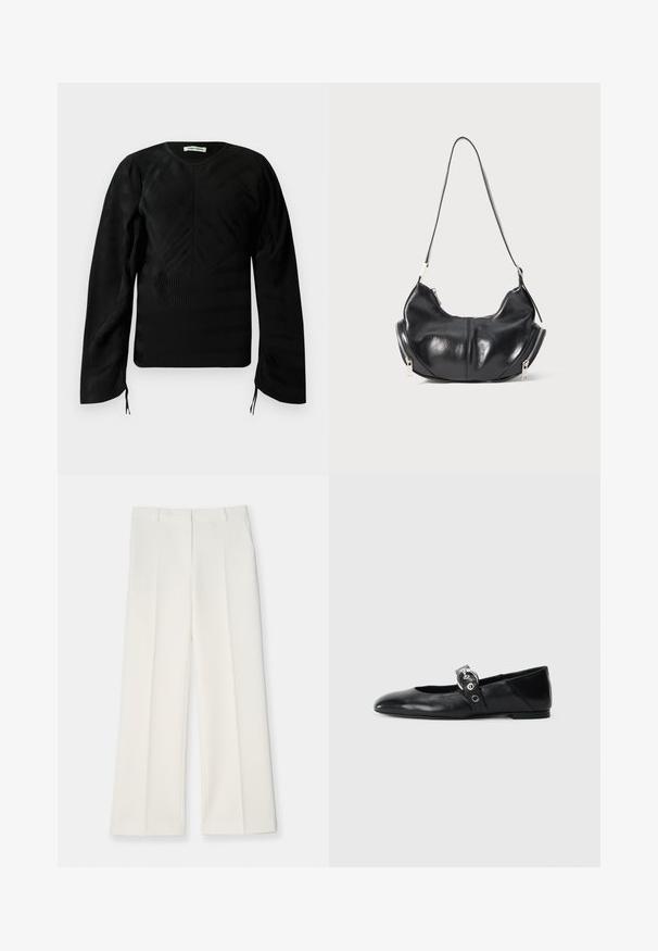 Sort langærmet top i tekstur med subtile bølgemønstre, rund halsudskæring, let puffede skuldre og små bånd i ærmeslutningerne.; Breddebukser i lys creme farvet stof, med en glat tekstur, frontfolder og to sidelommer. Skræddersyet talje-design.; Sorte læder balletflade med spids tå, udstyret med en rem med en cirkulær metallisk spænde og en flad sål.; Sorte læder skuldertaske i halvmåneform med sølvlynlåse på begge sider og en enkelt rem.