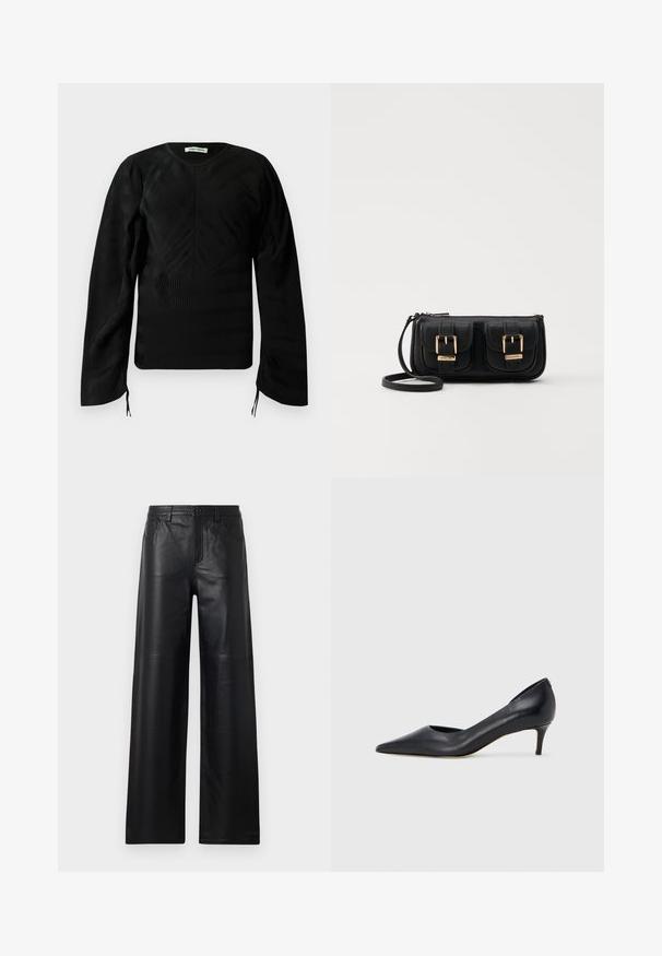 Must have pikka tekstuuriga must pikkade varrukatega särk, millel on õrnad lainelised mustrid, ümmargune kaelus, kergelt puffis õlad ja väikesed sidemed varruka otstes.; Laiad mustad nahkpüksid siledast tekstuurist, esi-taskute, nööbiga sulgemise ja peente õmblusdetailidega.; Mustast nahast kontsakinga terava ninaga ja madala kontsaga. Omadused on sile pind ja peen läige. Esiosal on avatud lõige, mis lisab detaili.; Must küllastamata nahast õlakott, millel on kaks esist nähtavat taskut, kuldsed pandlad, tõmblukuga sulgemine ja peen rihm. Tekstuuriga pind ja kompaktne ristkülikukujuline kuju.