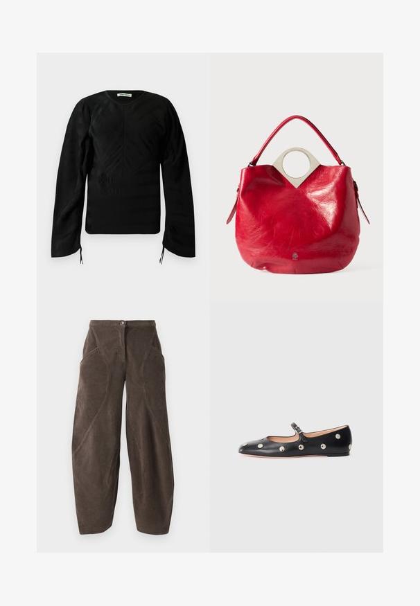 Zwarte lange mouwen getextureerde top met subtiele golvende patronen, ronde halslijn, licht poffende schouders en kleine strikjes aan de uiteinden van de mouwen.; Bruine wide-leg corduroy broeken met hoge taille, ritssluiting aan de voorkant en schuine naaddetails op de benen.; Zwarte leren Mary Jane ballerina met een ronde neus, voorzien van zilveren ronde studs en een verstelbaar bandje met een gesp.; Rode leren handtas met een gematteerde afwerking, afgeronde handgreep aan de bovenkant en een cirkelvormige zilveren hardwareaccent nabij de opening, met een slouchy ontwerp.