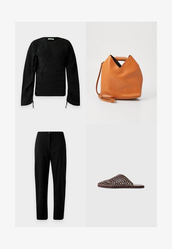 Top negru din bumbac, cu mânecă lungă, texturat, cu modele ondulate subtile, guler rotund, umeri ușor bufanți și fâșii mici la capetele mânecilor.; Pantaloni negri cu picioare drepte, cu închidere cu nasture și fermoar, dintr-un material neted și cu detalii minime, pe un fundal deschis.; Sandale tip slide împletite, de culoare maronie, cu vârf rotund, design deschis, talpă plată și suprafață texturată. Material ușor și siluetă minimalistă.; Geantă din piele maro cu un design unic în pliuri triangulare, mână superioară și curea de umăr detasabilă, pe fundal alb.