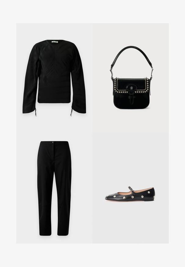 Sort langærmet top i tekstur med subtile bølgemønstre, rund halsudskæring, let puffede skuldre og små bånd i ærmeslutningerne.; Sorte lige bukser med knap- og lynlåslukning, glat stof og minimal detaljering mod en ensfarvet lyse baggrund.; Sorte læder Mary Jane flad sko med en rund tå, udstyret med sølvfarvede runde nitter og en justerbar rem med spænde.; Sort lakeret håndtaske med nittede accenter, rund klaplukning og justerbar håndtag. Har en central logodetalje på forsiden.