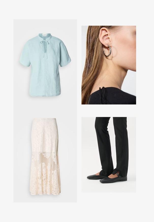 Svetlo modra kratka srajca iz lanenega materiala z okroglim izrezom, prednjim vezanjem in ravnim krojem. Ima subtilno teksturo in sproščen fit.; Cvečni čipkast midi krilo v kremni barvi; vključuje plasten dizajn s prosojnimi sekcijami, teksturiranim čipkastim materialom in razširjenim robom.; Črne usnjene balerinke s koničastim nosom, trak z srebrno zaponko, v kombinaciji s črnimi elegantnimi hlačami z razporkom na robu.; Srebrna obročasta uhana s polirano površino, ki vključuje majhne zlate poudarke in okroglo obliko, nošena na ušesnem lobu.