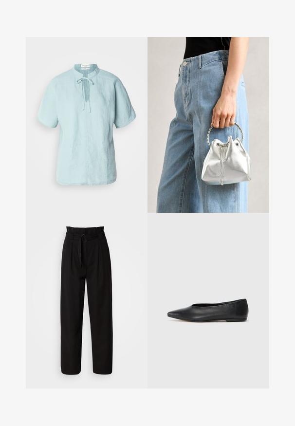 Lys blå linned skjorte med korte ærmer, rund halsudskæring, detaljer med knude foran og lige snit. Har en subtil tekstur og en afslappet pasform.; Sorte højtaljede bukser med brede ben, der har frontfold og et stofbælte med en oval spænde. Glat tekstur og skræddersyet design.; Sort læder balletflade, spidse tæer, minimalistsk design, glat tekstur, lav hæl, ingen synlig hardware eller udsmykninger.; Metallic sølv bucket bag med en tekstureret overflade, prydet med et sølv rundt håndtag og snørelukning, holdt mod lyseblå jeans.