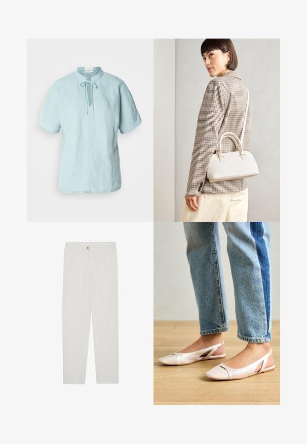 Camicetta in lino azzurro chiaro a maniche corte con scollatura rotonda, dettaglio con nodo frontale e taglio dritto. Presenta una sottile trama e una vestibilità casual.; Pantaloni bianchi su misura con design a gamba dritta, dotati di chiusura a bottone, passanti per cintura e tasche laterali; tessuto morbido.; Ballerine slingback rosa pallido con punta affusolata, realizzate in un materiale simile alla pelle liscio. Presentano dettagli a taglio sui lati e un tacco piatto.; Borsa a mano bianca strutturata con manici corti e tracolla, dotata di dettagli in metallo dorato e materiale testurizzato, esposta su uno sfondo grigio.