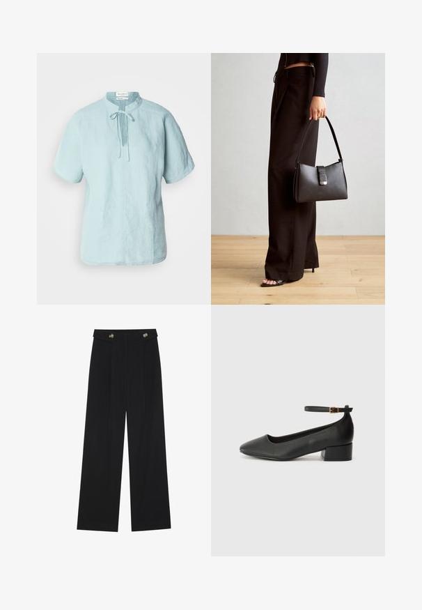Camicetta in lino azzurro chiaro a maniche corte con scollatura rotonda, dettaglio con nodo frontale e taglio dritto. Presenta una sottile trama e una vestibilità casual.; Pantaloni neri a gamba larga con vita alta, dettagli con bottoni in vita e pieghe frontali.; Pump in pelle nera con punta affusolata e tacco basso a blocco. Presenta una cinghia alla caviglia con una fibbia in tonalità oro. Texture liscia.; Borsa nera con forma strutturata, texture liscia e una chiusura metallica. Abbinata a pantaloni neri larghi e sandali open-toe su un pavimento in legno.