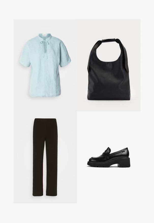 Camicetta in lino azzurro chiaro a maniche corte con scollatura rotonda, dettaglio con nodo frontale e taglio dritto. Presenta una sottile trama e una vestibilità casual.; Pantaloni neri a gamba dritta realizzati in tessuto intrecciato, con parte anteriore piatta, due tasche laterali e una superficie liscia. Nessun motivo o decorazione visibile.; Mocassino in pelle nera con tacco chunky, suola spessa e un dettaglio a strap nella parte superiore, mostrato di lato su uno sfondo bianco.; Borsa a mano in pelle nera con un ampio apertura superiore e una singola tracolla. Texture morbida, design minimalista, con sottili accenti in metallo.; Orecchini a cerchio in oro con una forma irregolare e texture. Presentano una chiusura senza giunture e una finitura superficiale lucida, che enfatizza un design moderno.