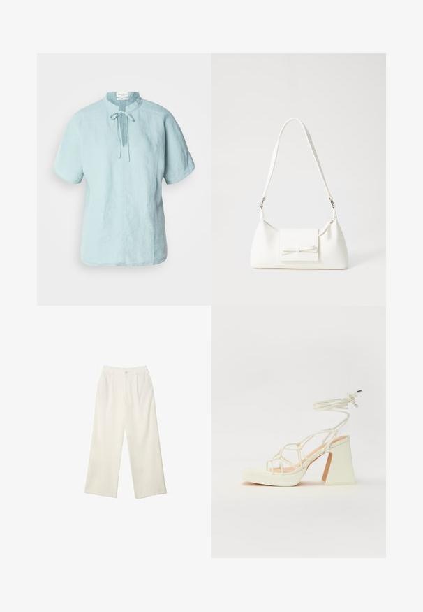 Camicetta in lino azzurro chiaro a maniche corte con scollatura rotonda, dettaglio con nodo frontale e taglio dritto. Presenta una sottile trama e una vestibilità casual.; Pantaloni a gamba larga in tessuto crema con una texture liscia, caratterizzati da un singolo bottone frontale, pieghe sottili e un design a vita alta.; Sandalo bianco con tacco alto, caratterizzato da un design a cinturini e un legaccio alla caviglia. Texture liscia con una piattaforma frontale per un'altezza aggiuntiva.; Borsa sintetica bianca a forma triangolare, con patta anteriore piatta e dettaglio a fiocco, tracolla regolabile, texture liscia e design minimalista.
