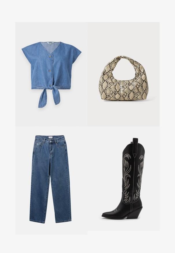 Denimowy top w kolorze jasnoniebieskim, z dekoltem w kształcie litery V, krótkimi rękawami, z przodu zapinany na guziki oraz z węzełkiem na dole. Gładka tekstura.; Even&Odd TONIA czarny; Klasyczne niebieskie dżinsy o prostym kroju, pięć kieszeni i zapięcie na guzik. Charakteryzują się średnim odcieniem i solidną teksturą.; Czarne skórzane kowbojskie buty z wydłużonymi noskami, obcasem typu koturn oraz srebrnymi haftowanymi wzorami kwiatowymi wzdłuż cholewy. Kontrastowe szwy na całej długości.; Torebka w wężowy wzór z zakrzywionym uchwytem. Wykonana z teksturowanych, beżowych i brązowych materiałów, z charakterystycznym wzorem w diamenty.