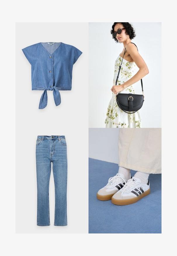 Denim cropped top in light blue, featuring a V-neck, cap sleeves, front button closure, and knot detail at the hem. Smooth texture.; Light blue denim jeans with a straight-leg cut, five-pocket design, front button closure, and subtle fading on the fabric.; White sneakers with black stripes and beige suede accents. Feature a textured gum sole and flat white laces, worn with light-colored socks.; Black leather handbag with a curved shape, detachable strap, and gold hardware. The bag features a flap with a buckle detail.