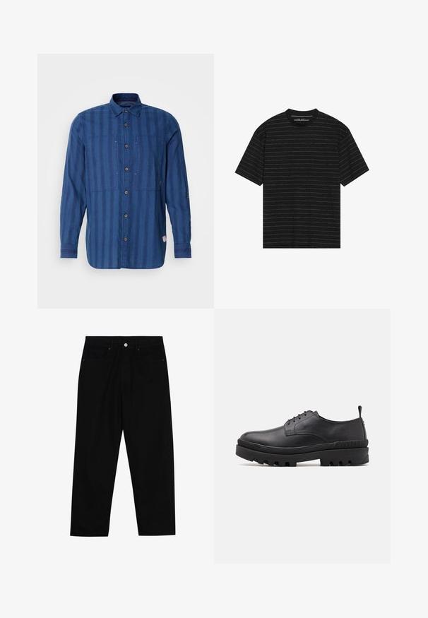 Zila svītrainā garā piedurkņu krekls, kas izgatavots no mīkstas auduma, ar pogām priekšā, divām krūšu kabatām un klasisku apkakli.; Melnā īso piedurkņu T-kreklā ir plānas baltas horizontālas svītras. Izgatavots no mīkstas auduma, ar apaļu kakla izgriezumu un brīvu piegriezumu.; Melni džinsi ar taisnu kāju griezumu, piecu kabatu dizainu un priekšēju pogu aizdari. Gluda tekstūra ar minimālu šuvju detaļu skaitu.; Melnas ādas kurpes ar noapaļotu purngalu, auklu saistīšanas dizainu un masīvu gumijas zoli. Iespējojams paplašinājums uz papēža un teksturēti akcenti.