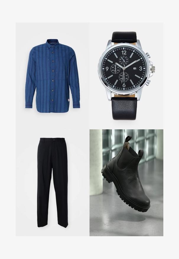 Blauw gestreepte overhemd met lange mouwen van zachte stof, met knoopsluiting aan de voorkant, twee borstzakken en een klassieke kraag.; Zwarte rechte broek met riemlussen, knoopsluiting en een strakke, minimalistische uitstraling op een neutrale achtergrond.; Zwarte leren enkellaarzen met een gestructureerd oppervlak, elastische zijpanelen en een robuuste rubberen zool met uitgesproken profiel.; Zwarte leren horlogeband met een zilveren roestvrijstalen kast. Zwarte wijzerplaat met witte uurmarkeringen, zilveren wijzers en drie sub-dials.