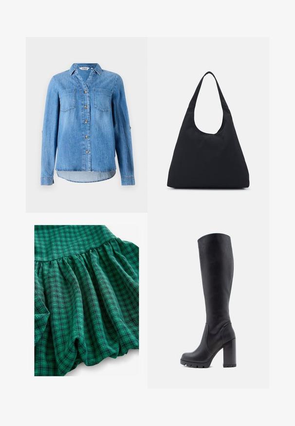 Jasnoniebieska koszula z denimu z zapięciem na guziki z przodu, dwiema kieszeniami na piersi oraz rękawami z możliwością podwinięcia i detalem w postaci guzika.; Zielony materiał w kratę charakteryzuje się różnymi odcieniami, marszczonymi fakturami i falbanistym wykończeniem. Materiał wydaje się przewiewny i lekki.; Czarne kozaki do kolan, gładki materiał skórzany, masywny obcas, zaokrąglony nos, teksturowana podeszwa z przyczepnością, elegancki design bez ozdób.; Czarna torba z tkaniny z jedną szeroką rączką na ramię. Miękki, półstrukturalny kształt oraz gładka tekstura; minimalistyczny design, bez widocznych elementów metalowych.