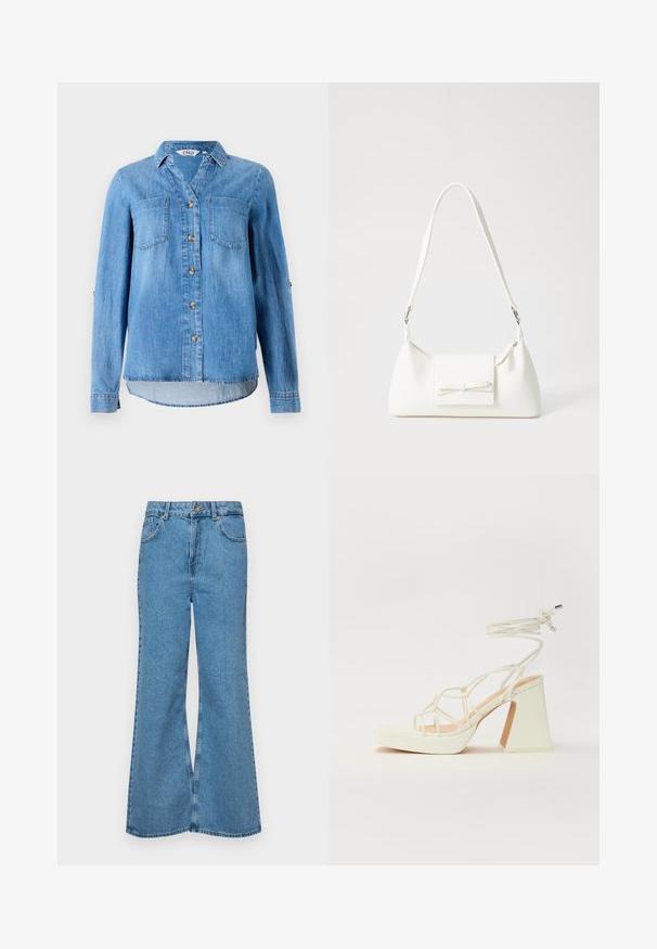 Cămașă din denim albastru deschis, cu guler cu nasturi, două buzunare pe piept și mâneci rulabile cu detaliu cu nasture.; Jeanși evazați de culoare albastru deschis, din denim, cu talie înaltă, cinci buzunare și închidere cu un singur buton. Textură moale cu un finisaj decolorat.; Sandale albe cu toc înalt și gros, cu un design cu curele și legătură la gleznă. Textură netedă, cu o platformă frontală pentru înălțime suplimentară.; Geantă sintetică albă, cu formă triangulară, capac frontal plat și detaliu cu fundă, curea ajustabilă, textură netedă și design minimalist.