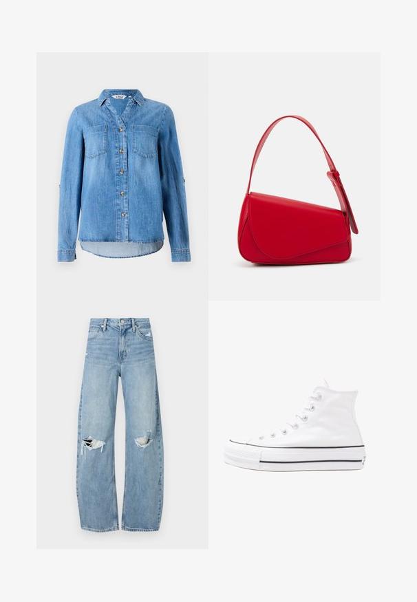 Light blue denim shirt featuring a button-down front, two chest pockets, and roll-up sleeves with button detail.; Light blue, high-waisted jeans made of denim. Feature wide legs, two torn knee areas, and classic five-pocket styling.; White high-top canvas sneaker with black rubber sole, front rubber toe cap, and six eyelets for laces, featuring a clean, minimalist design.; Red leather handbag with an angular, geometric design. Features a single adjustable strap and a flap closure with stitched detailing.